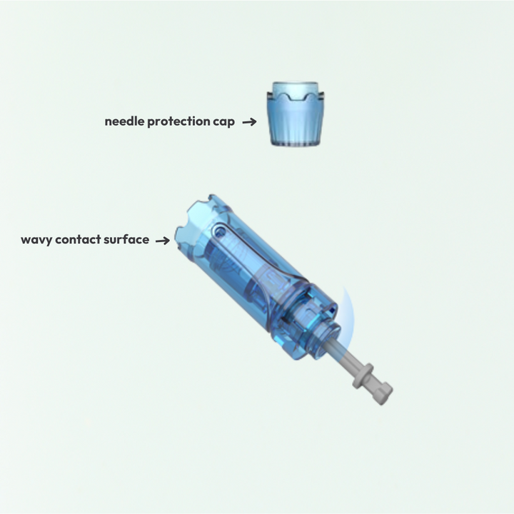 Wavy contact surface & needle protection cap of 18 Pin Replacement Cartridges for A9 