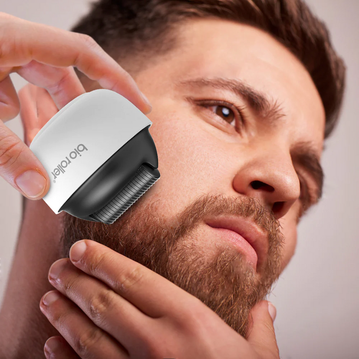 Man using Bio Roller G4 Microneedling for beard hair growth