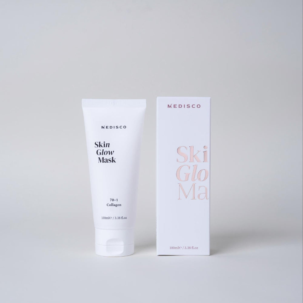 Medisco SkinGlow PDRN Collagen Mask tube and packaging shown on a clean light grey background.