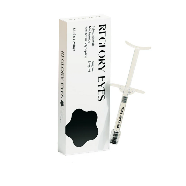Reglory EYES – Advanced Eyes & Facial Rejuvenator packaging with syringe displayed beside the product box.