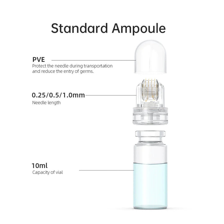Structural Image showing PVE, needle length  & capacity of vial for Hydra Roller 64 Pin