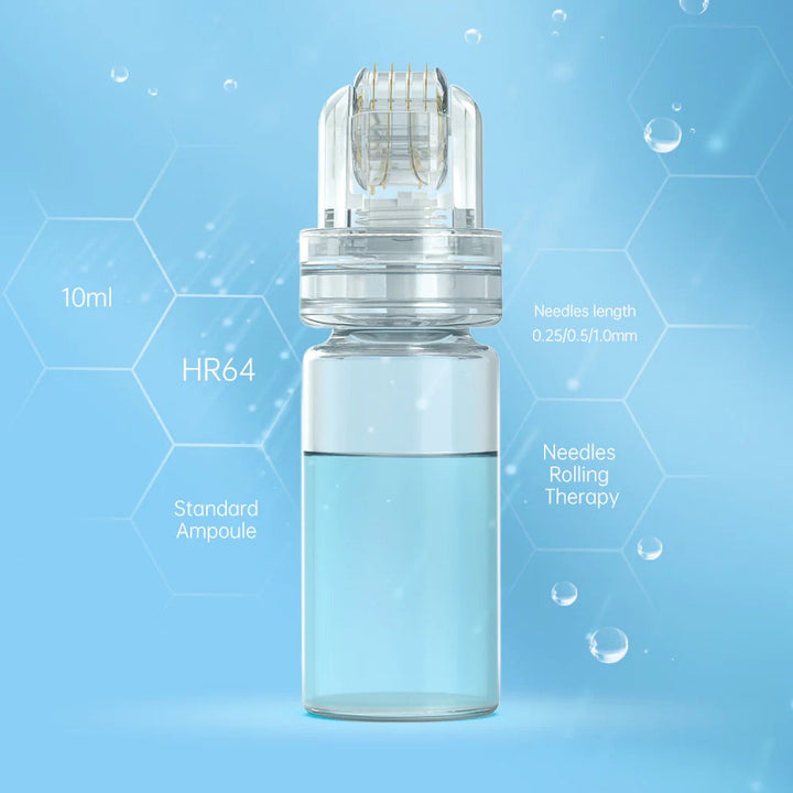 Close up image of Dr. Pen Hydra Roller 64 Pin Derma Rolling Tool with ampoule.