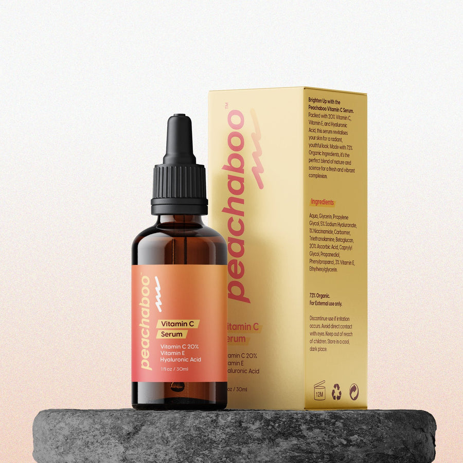 Close up shot of Peachaboo Vitamin C Serum & packaging
