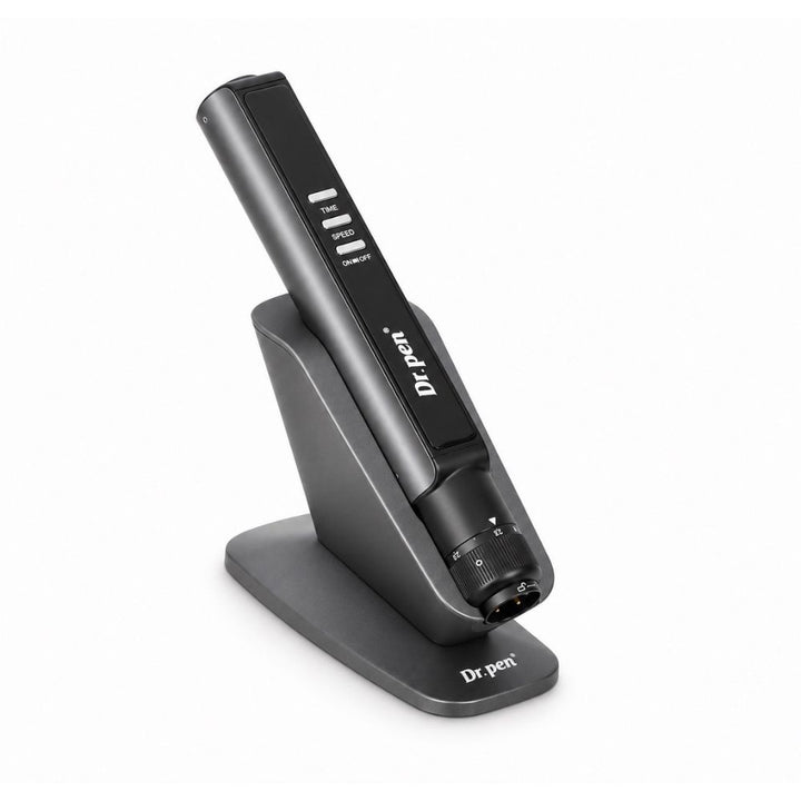 Dr. Pen M8 Max Microneedling Pen resting in smart induction stand without cartridge

