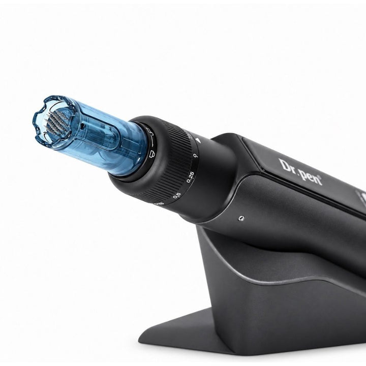 Close-up of Dr. Pen M8 Max microneedling cartridge and adjustable depth dial
