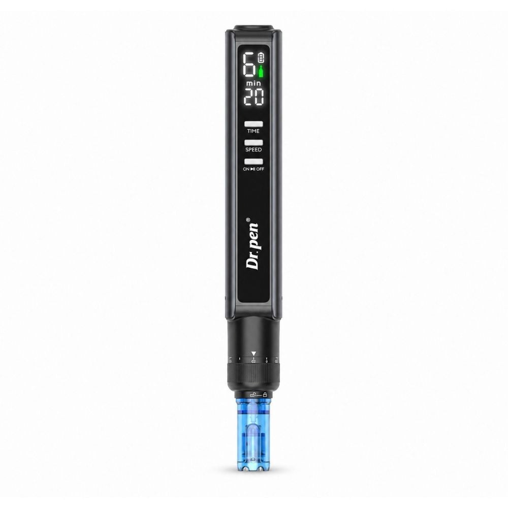 Dr. Pen M8 Max Microneedling Pen front view with LED display and blue cartridge
