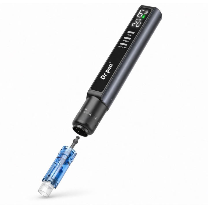 Dr. Pen M8 Max Microneedling Pen angled view with LED display and cartridge
