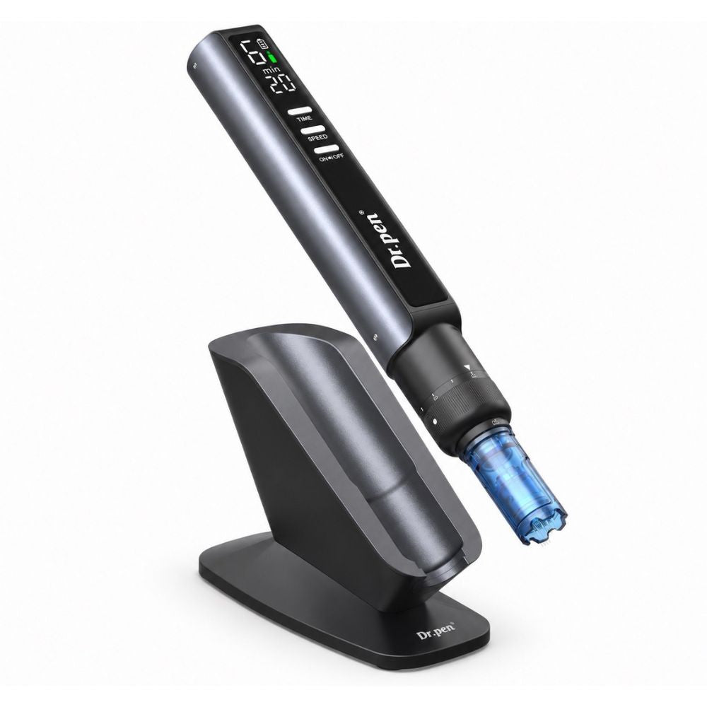 Dr. Pen M8 Max Microneedling Pen floating above smart induction stand
