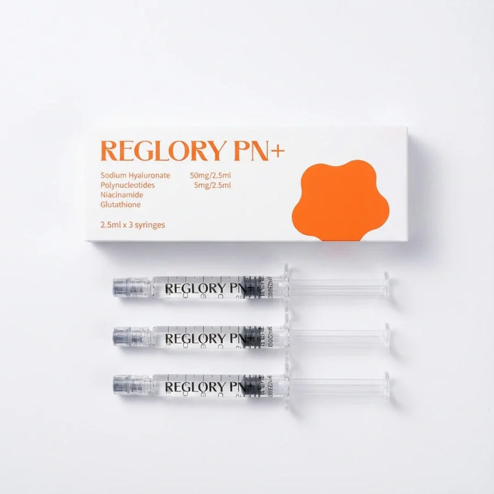 Reglory PN⁺ Polynucleotide Skin Booster box and syringes shown for anti-ageing and skin repair treatments
