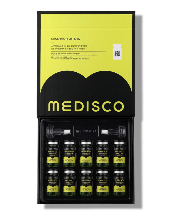 Medisco Skinbooster AC BHA opned box , showcasing vials and applicators